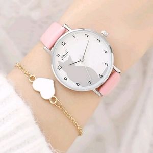 New Cat Pattern Dial Round Pointer Quartz Watch and Bracelet Set